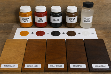 Banyak orang mengira warna coklat itu “tinggal jadi”. Padahal di lapangan, 70% hasil finishing gagal bukan karena kayunya jelek… tapi karena formula campuran warna yang salah.